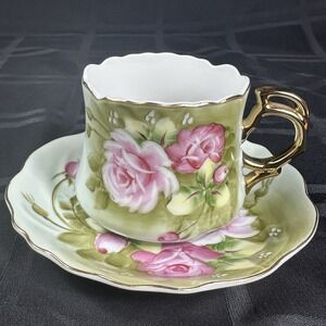 Vintage Lefton China Hand Painted Cup & Saucer Set #3067 Japan Pink Roses